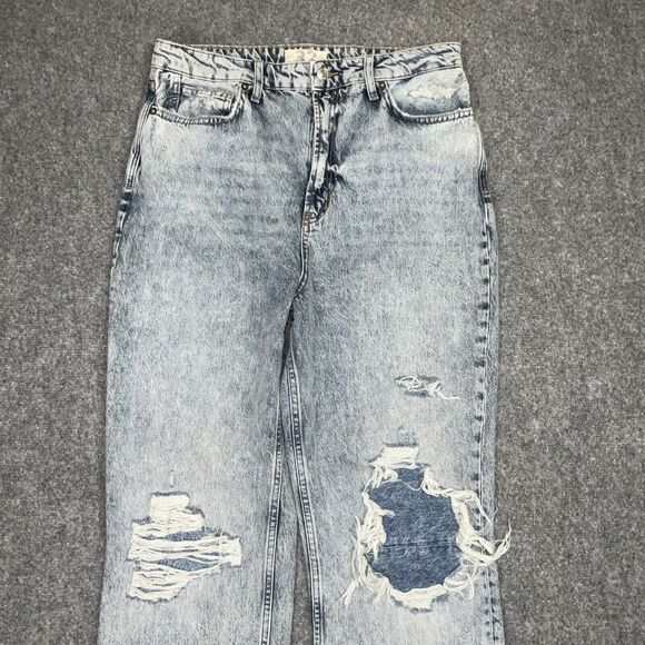 Free People Jeans Womens Size 32  Blue Acid Wash 80's Straight distressed patch - Picture 3 of 12